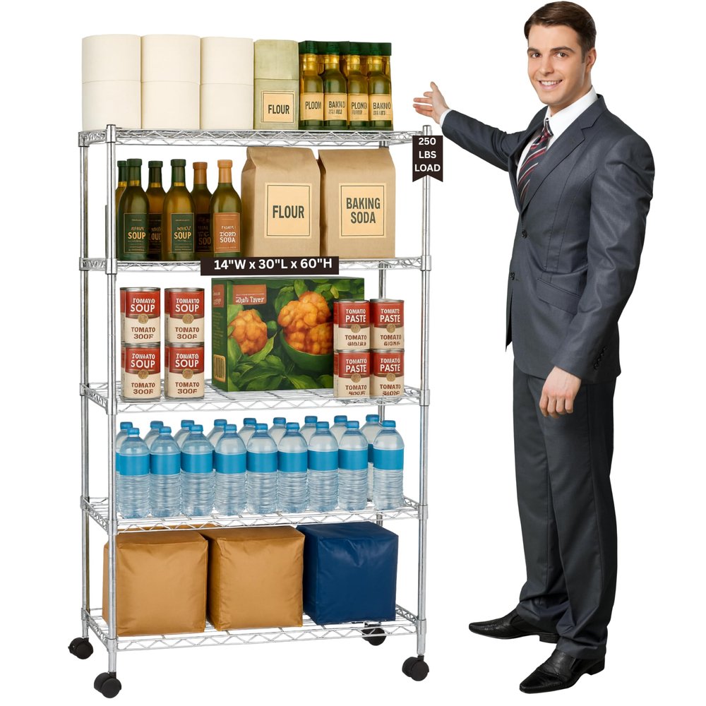 Displays By Jack 5 Tier Heavy Duty Wire Shelving Unit Storage Rack for Products Plant Pantry, Garage, Laundry Racks Durable Shelf Organizer Shelves Stand 14" W x 30" L x 60" H, Chrome
