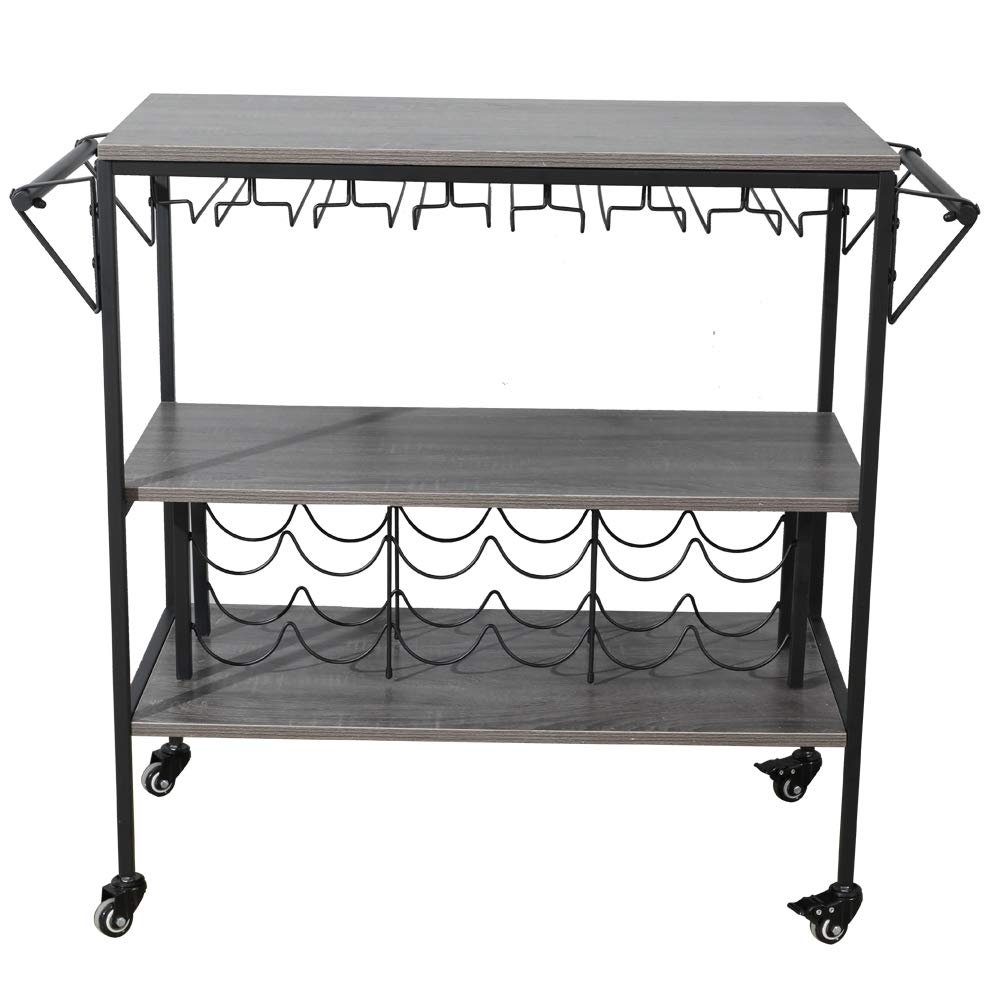 Alivinghome Industrial Bar Cart with Wine Rack and Glass Holder,Mobile Wine Carts with Wheels for The Home,Metal Serving Cart and Kitchen Storage Cart (3 Layer,37.4 inchx15.94 inchx32.68 inch),Black
