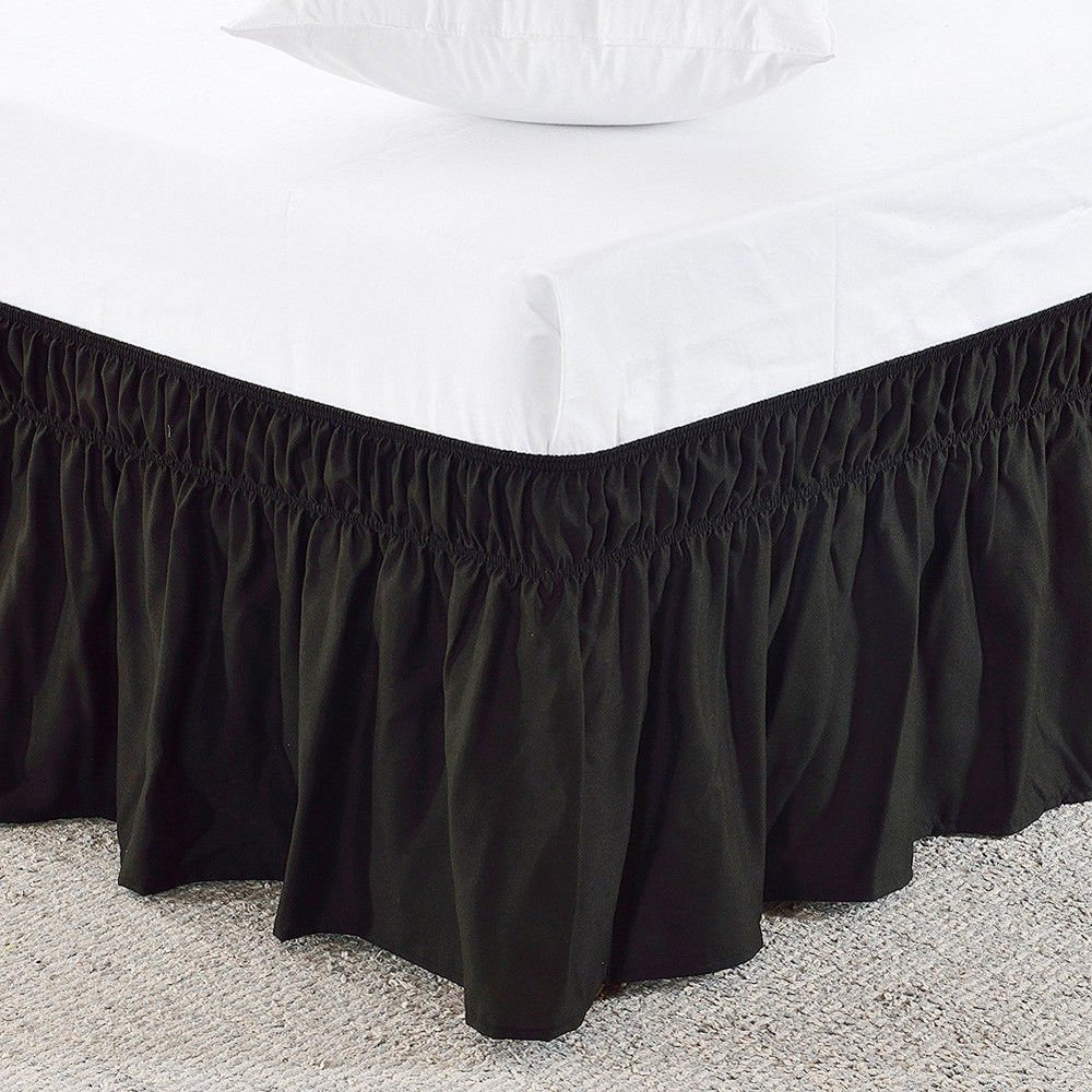 Amuze Bedding Easy Fit Elastic Wrap Around Ruffled BedSkirt Recron 900 Thread Count(Black, Full XL, Drop Length 15 Inches)