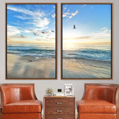 SIGNWIN 2 Piece Framed Canvas Wall Art Coastal Beach Canvas Prints Home Artwork Decoration for Living Room,Bedroom - 24"x36"x2 Panels