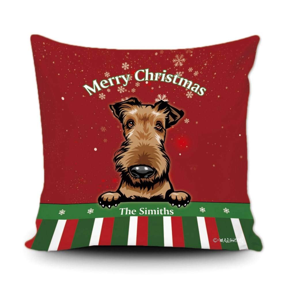 MALIHONG Merry Christmas Peeking Dog Pillowcase Cute Airedale in Santa Hat Snowflake Xmas Throw Pillow Cover for Sofa Bed Home Decor 18x18 Inch