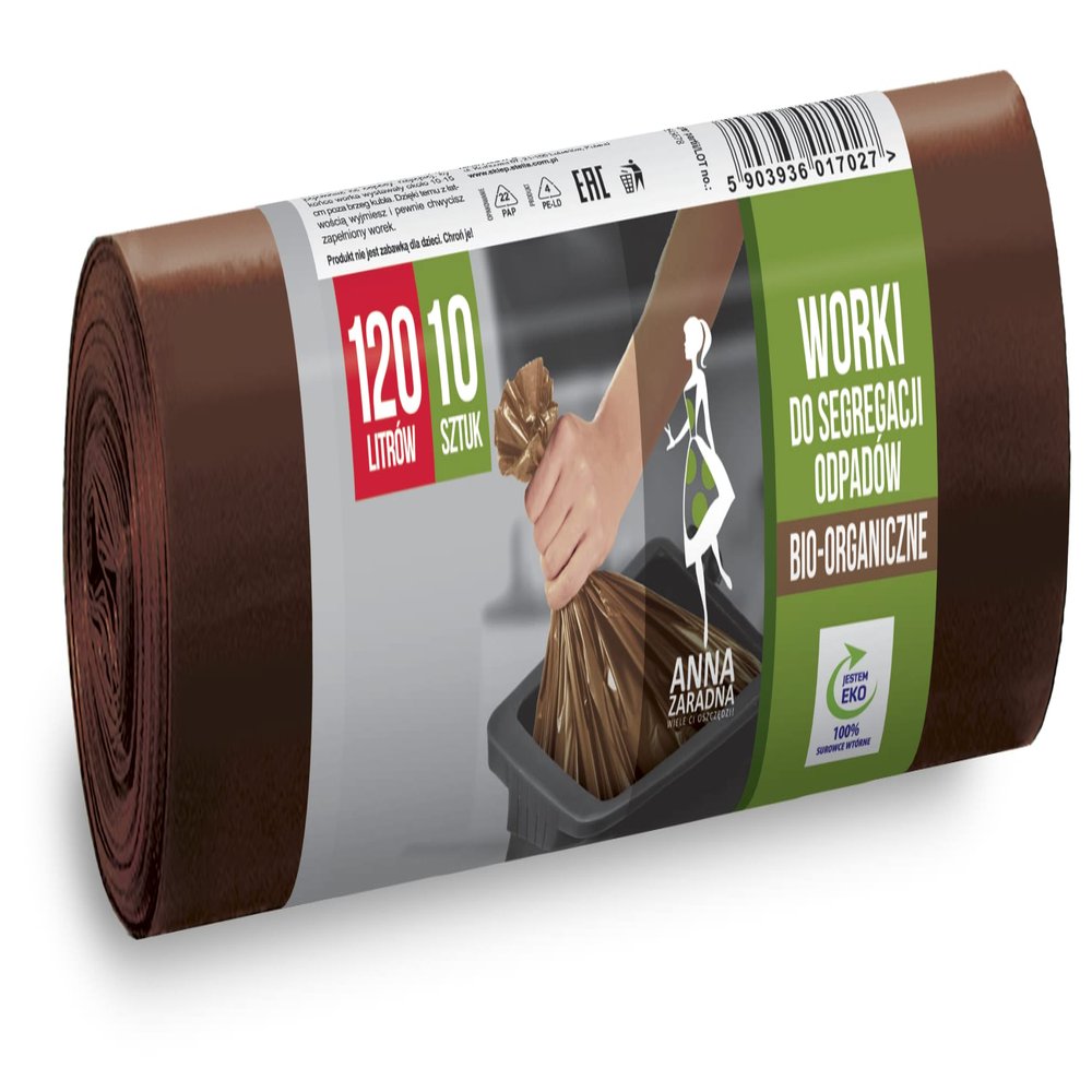 ANNA ZARADNA ST-AZ-017027 Waste Separation Bags Organic Rubbish Bags Tear-Resistant 120 L | Pack of 10 | Bin Bags for Household Waste Office Made of Thick LDPE Regranulate Film Colour: Brown