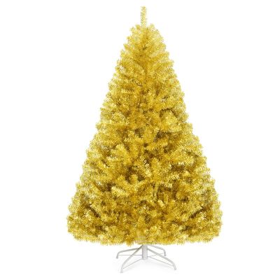 GOFLAME 6 FT Christmas Tree, 1036 Branch Tips, Artificial Tinsel Christmas Tree with Metal Stand, Artificial Hinged Christmas Tree for Indoor and Outdoor Holiday Decoration, Champagne Gold