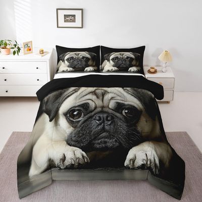 Dog Comforter Set Cute Cartoon Pug Dog Decor Down Comforter, for Boys Girls Kids 3D Lovely Animal Puppy Printed Bedding Comforters Black Dog Pattern Home Bedroom Decor Soft Quilt Bedspread, Twin