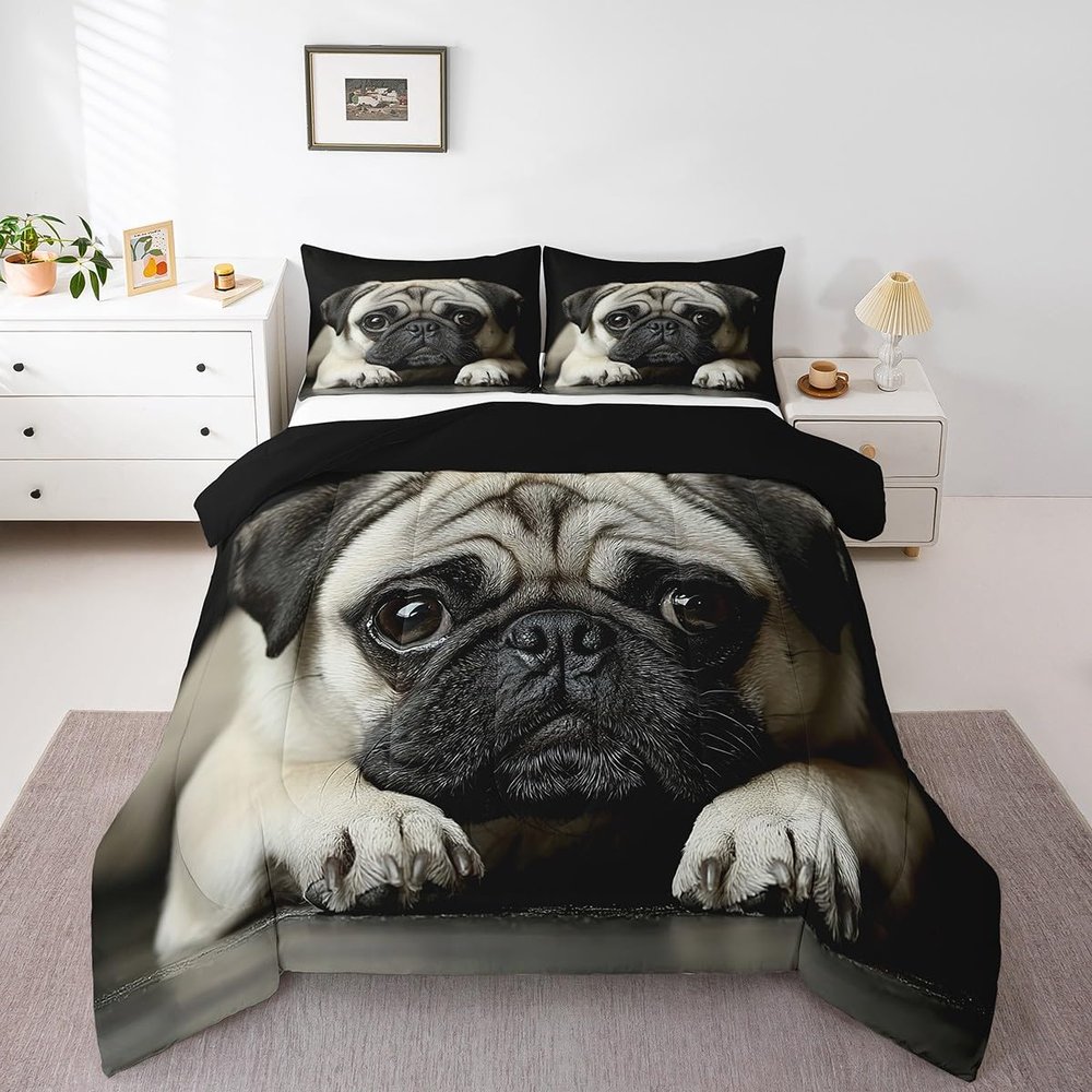 Dog Comforter Set Cute Cartoon Pug Dog Decor Down Comforter, for Boys Girls Kids 3D Lovely Animal Puppy Printed Bedding Comforters Black Dog Pattern Home Bedroom Decor Soft Quilt Bedspread, Twin