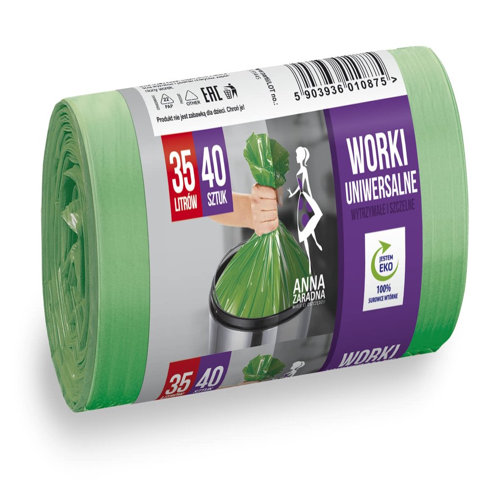 ANNA ZARADNA ST-AZ-010875 Universal Bin Liners 35 L | Pack of 40 | Rubbish Bags for Household Rubbish Office Made of Thick HDLD Regranulate Film Colour: Green