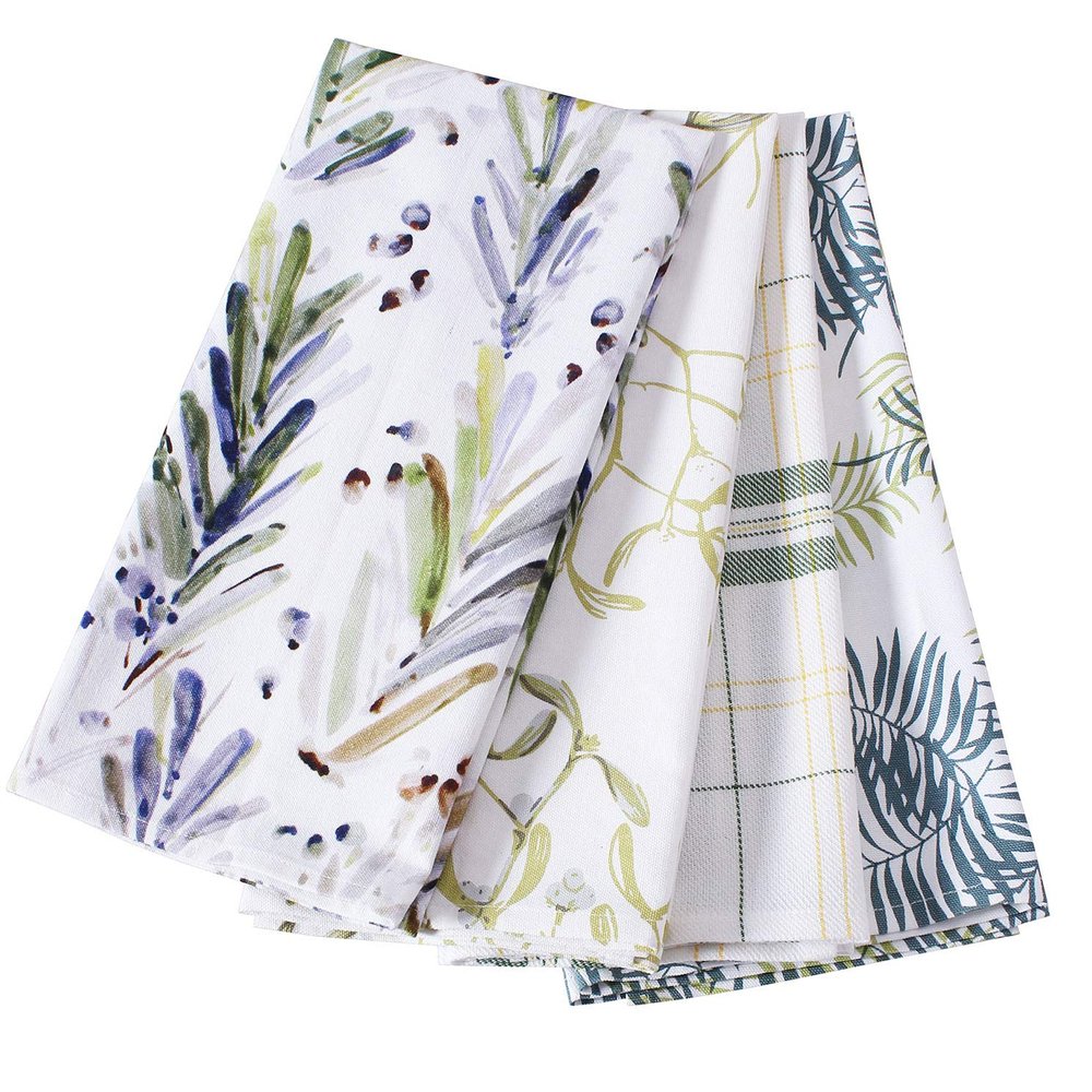 ACCENTHOME Cotton Multipurpose Kitchen Towel Set of 4 - Absorbent Bar & Tea Towels | Leaf Garden Print - 20x28