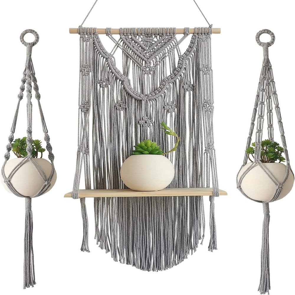 BLUETTEK 3Pcs Macrame Wall Hanging Floating Shelf Set, Handmade Wooden Woven Cotton Cord Hanging Shelf Organizer Hanger