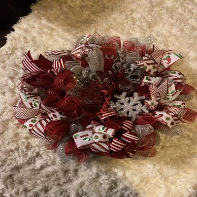 Whimsical Christmas wreath, elf ribbon, glitter, large glitter snowflake, tons of ribbon and embellishments