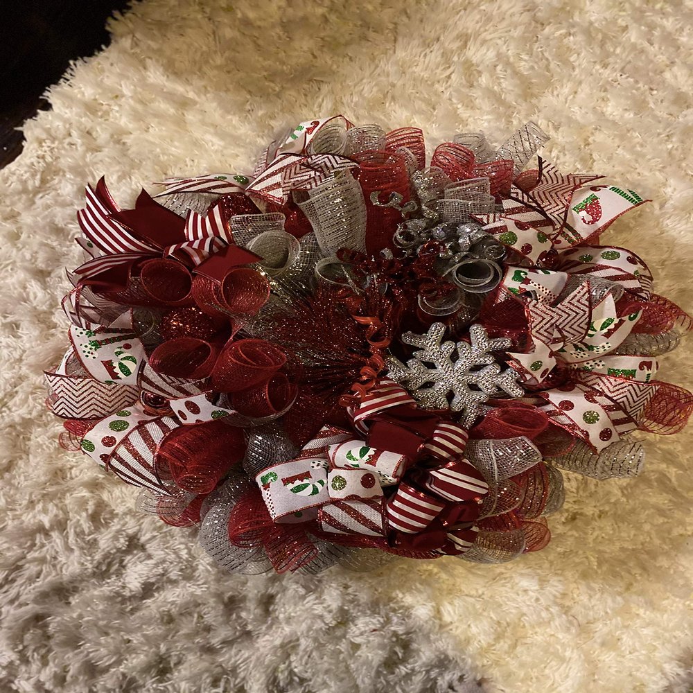 Whimsical Christmas wreath, elf ribbon, glitter, large glitter snowflake, tons of ribbon and embellishments