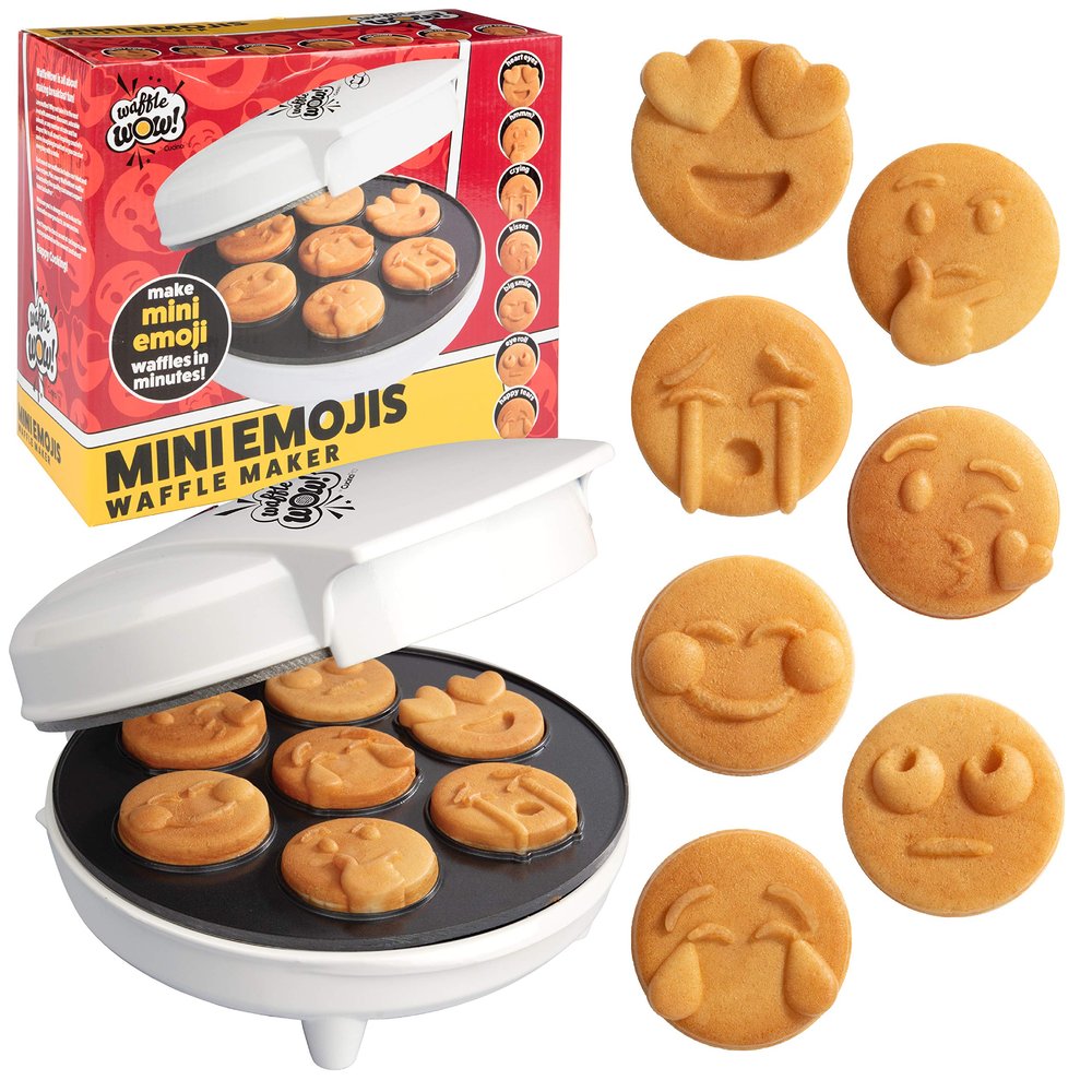 Mini Emojis Waffle Maker for Valentine's Day Breakfast- Make 7 Unique Smiley Face Waffles Pancakes for Kids- Electric Non-Stick Iron Feat Kiss Face Heart Eyes & Smile w Recipe Guide- Licensed by Emoji