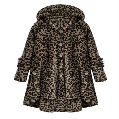 Andongnywell Ladies Button Plush Tops Hooded Loose Cardigan Women's Jacket Solid Color Pullover Tunic Tops (Leopard 2,Large)
