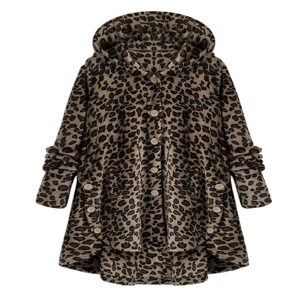 Andongnywell Ladies Button Plush Tops Hooded Loose Cardigan Women's Jacket Solid Color Pullover Tunic Tops (Leopard 2,Large)
