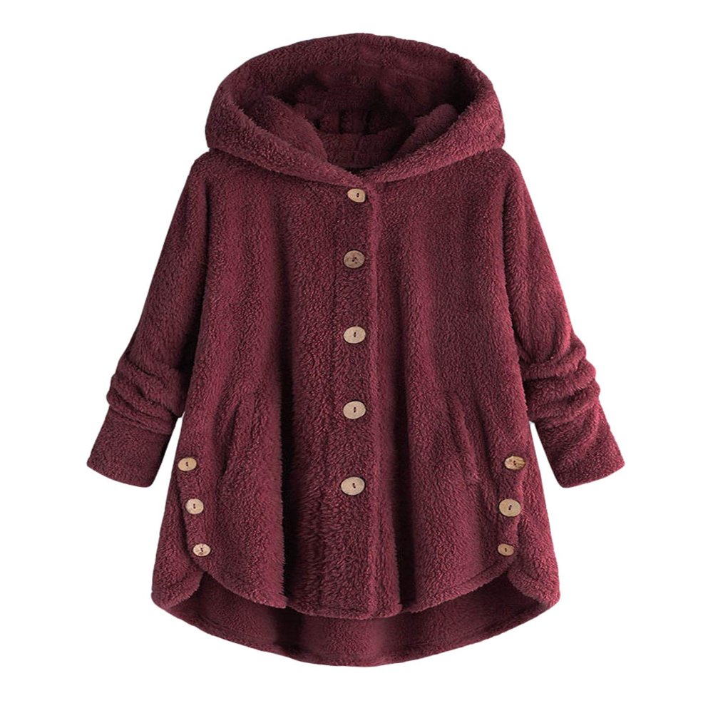 Andongnywell Ladies Button Plush Tops Hooded Loose Cardigan Women's Jacket Solid Color Pullover Tunic Tops (Red Wine,5X-Large)