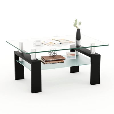 39.4'' Rectangle Glass Coffee Table, Black Coffee Table with Tempered Glass & Metal Legs, 2-Tier Modern Center Table with Storage Shelf, Clear Glass Coffee Tables for Living Room, Apartment, Office