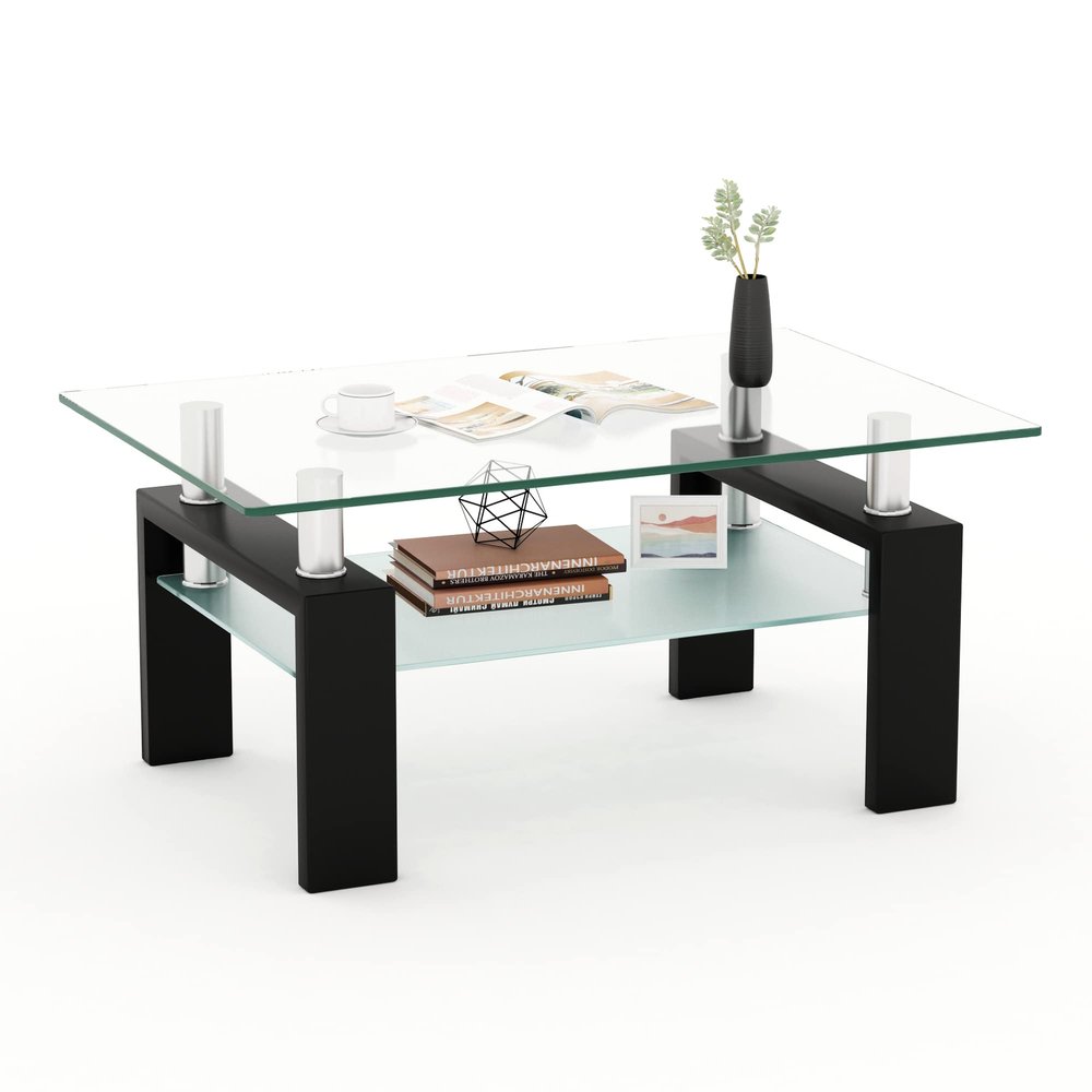 39.4'' Rectangle Glass Coffee Table, Black Coffee Table with Tempered Glass & Metal Legs, 2-Tier Modern Center Table with Storage Shelf, Clear Glass Coffee Tables for Living Room, Apartment, Office