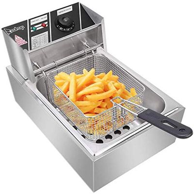 Electric Deep Fryer with Basket & Lid, 6.3QT/6L Heavy Duty Stainless Steel Single Tank Kitchen Frying Machine, 2500W French Fryer for French Fries Fried Chicken US Plug