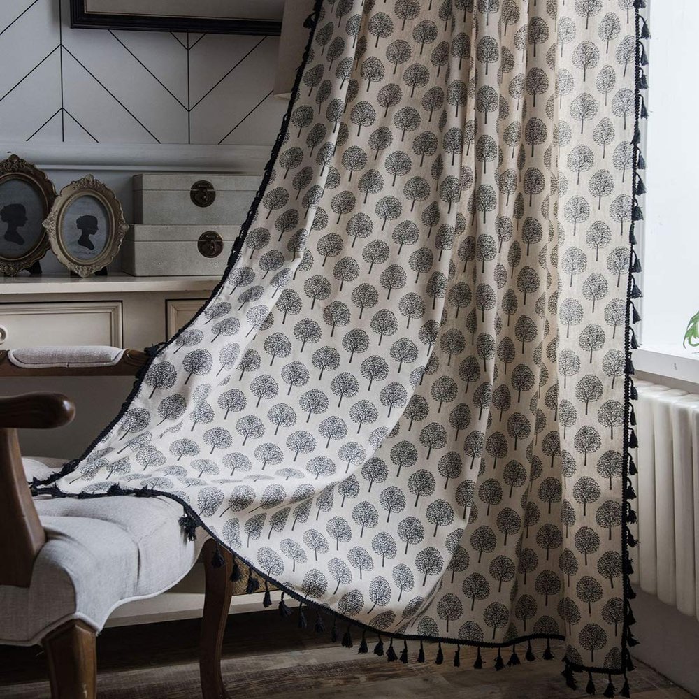 JAIJY 2Pcs Black Cute Geometric Small Tree Kitchen Drapes with Tassels, Chic Semi Blackout Linen Cotton Rod Pocket Farmhouse Girls Room Window Curtains, 2 Panels, 59"x63", Cream
