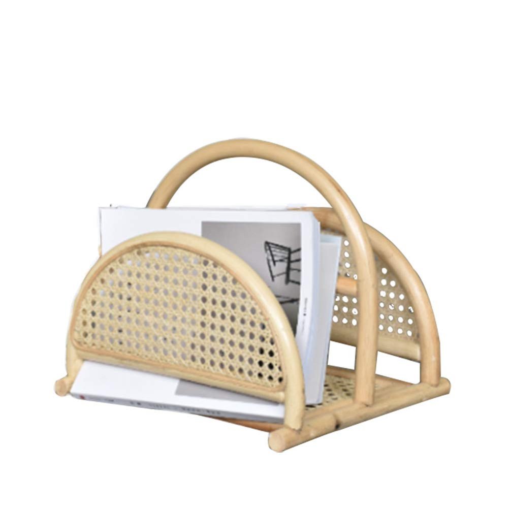 HQBL Rattan Newspaper and Magazine Rack, Farmhouse Rustic Woven File Storage Basket with Handles- for Coffee Table, Side Table, Living Room, Reception Desk, Bathroom