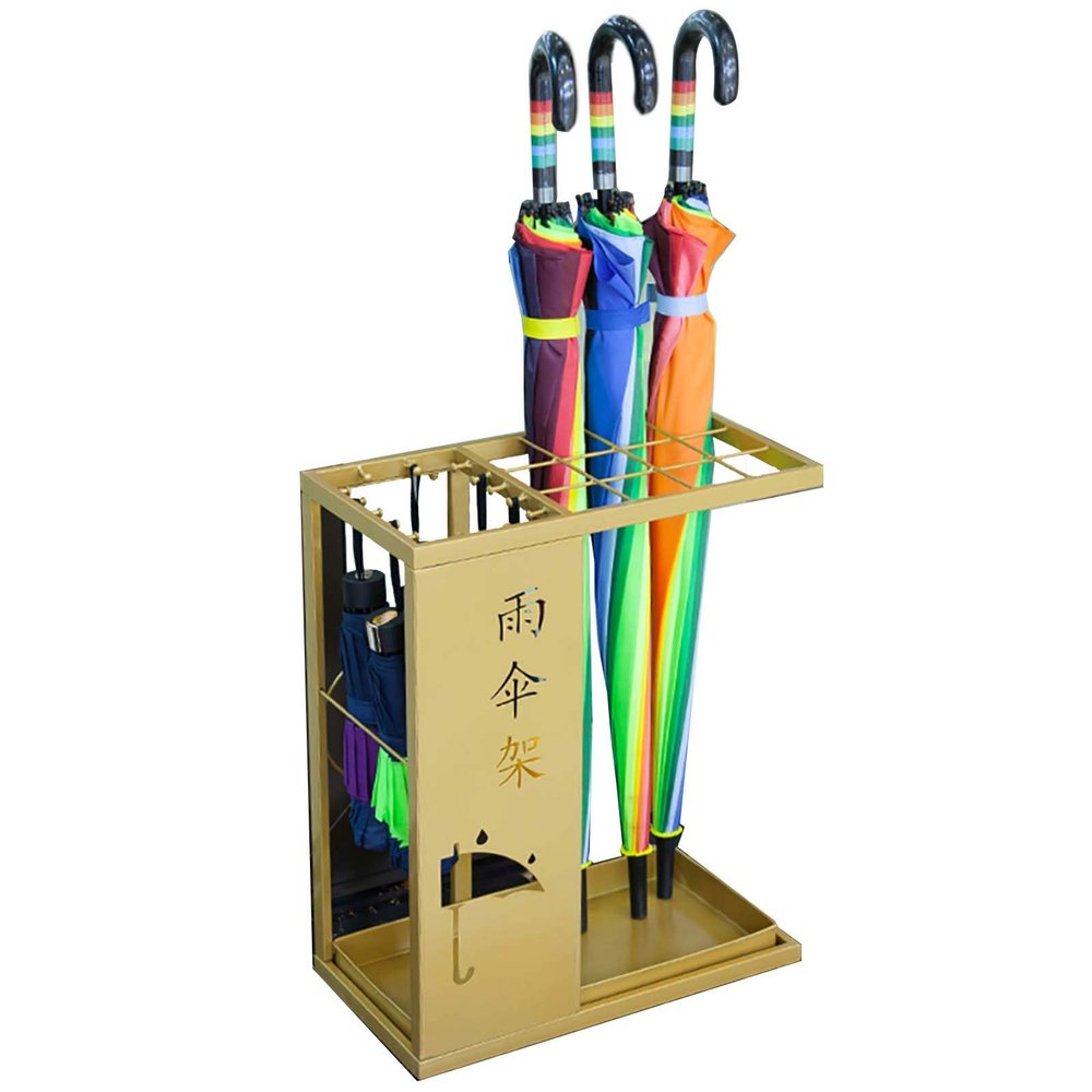 JLXJ Umbrella Stand with Drip Tray and Hook, Tall Modern Metal Iron Art Canes Walking Sticks Rack, for Storage 12 Long and 14 Short Umbrellas (Color : Gold)