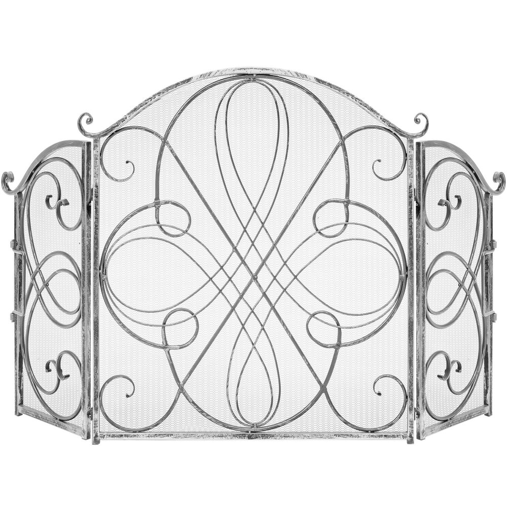 Best Choice Products 3-Panel 55x33in Solid Wrought Iron See-Through Metal Fireplace Screen, Spark Guard Safety Protector w/Decorative Scroll - Pewter