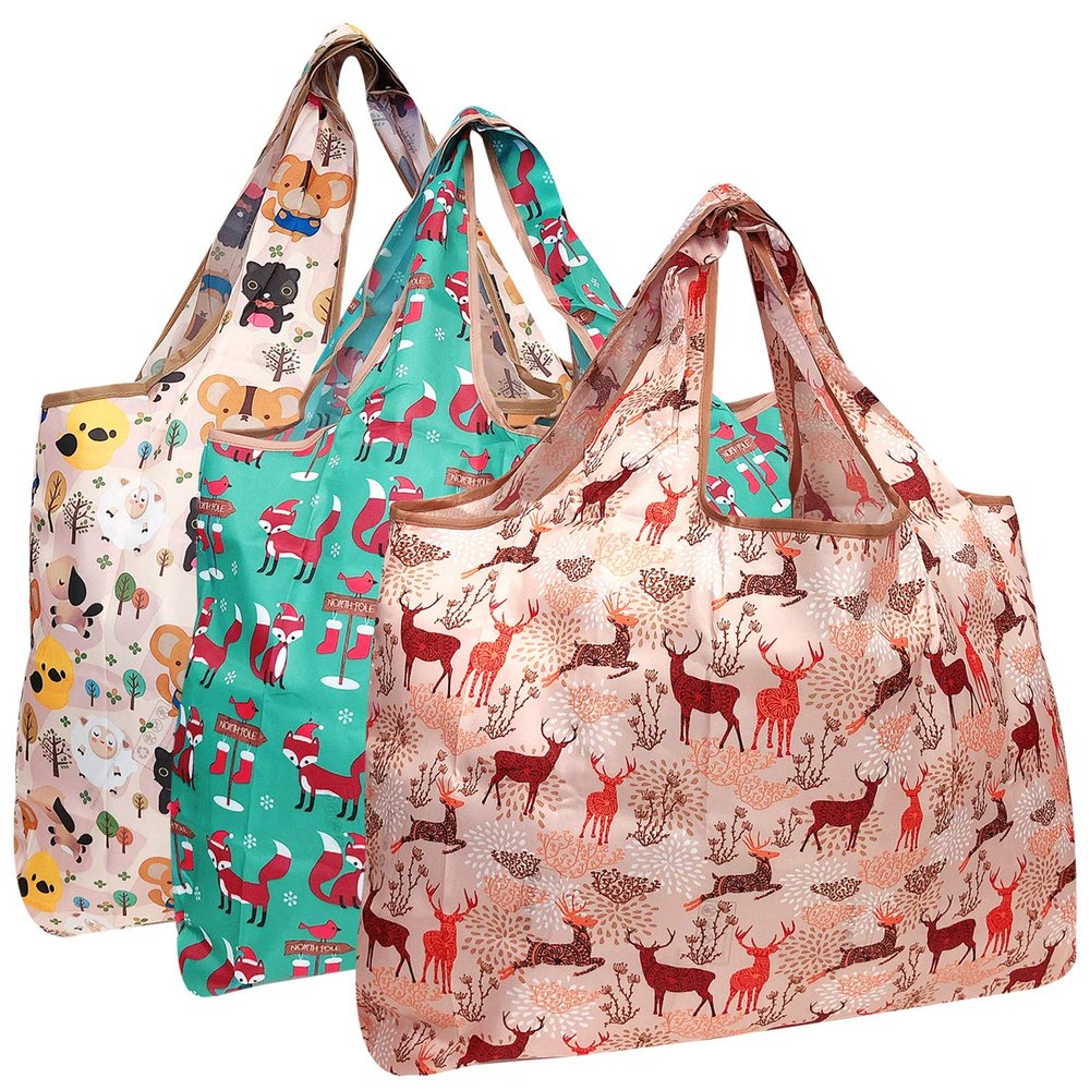 allydrew Large Foldable Tote Nylon Reusable Grocery Bags, 3 Pack, Holiday Animals