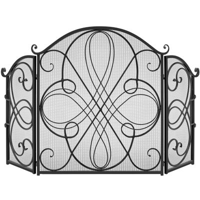 Best Choice Products 3-Panel 55x33in Solid Wrought Iron See-Through Metal Fireplace Screen, Spark Guard Safety Protector w/Decorative Scroll - Black