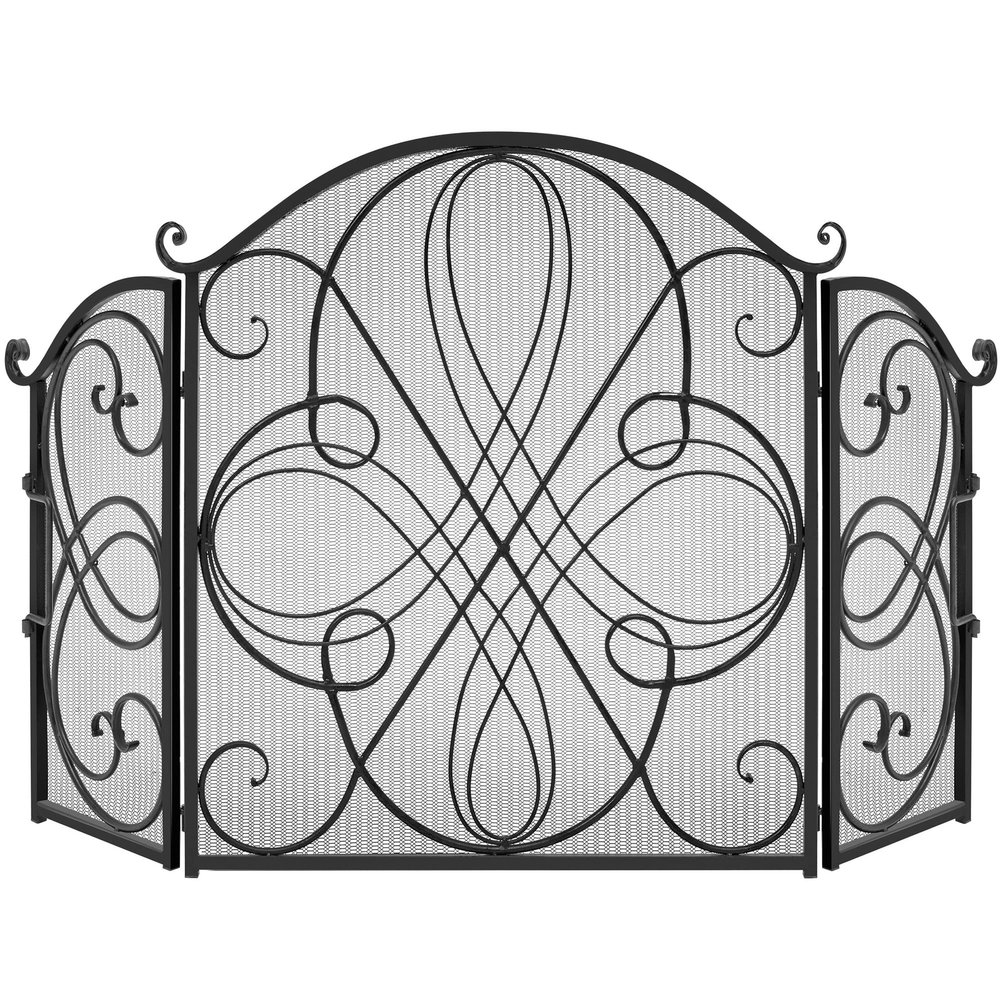 Best Choice Products 3-Panel 55x33in Solid Wrought Iron See-Through Metal Fireplace Screen, Spark Guard Safety Protector w/Decorative Scroll - Black