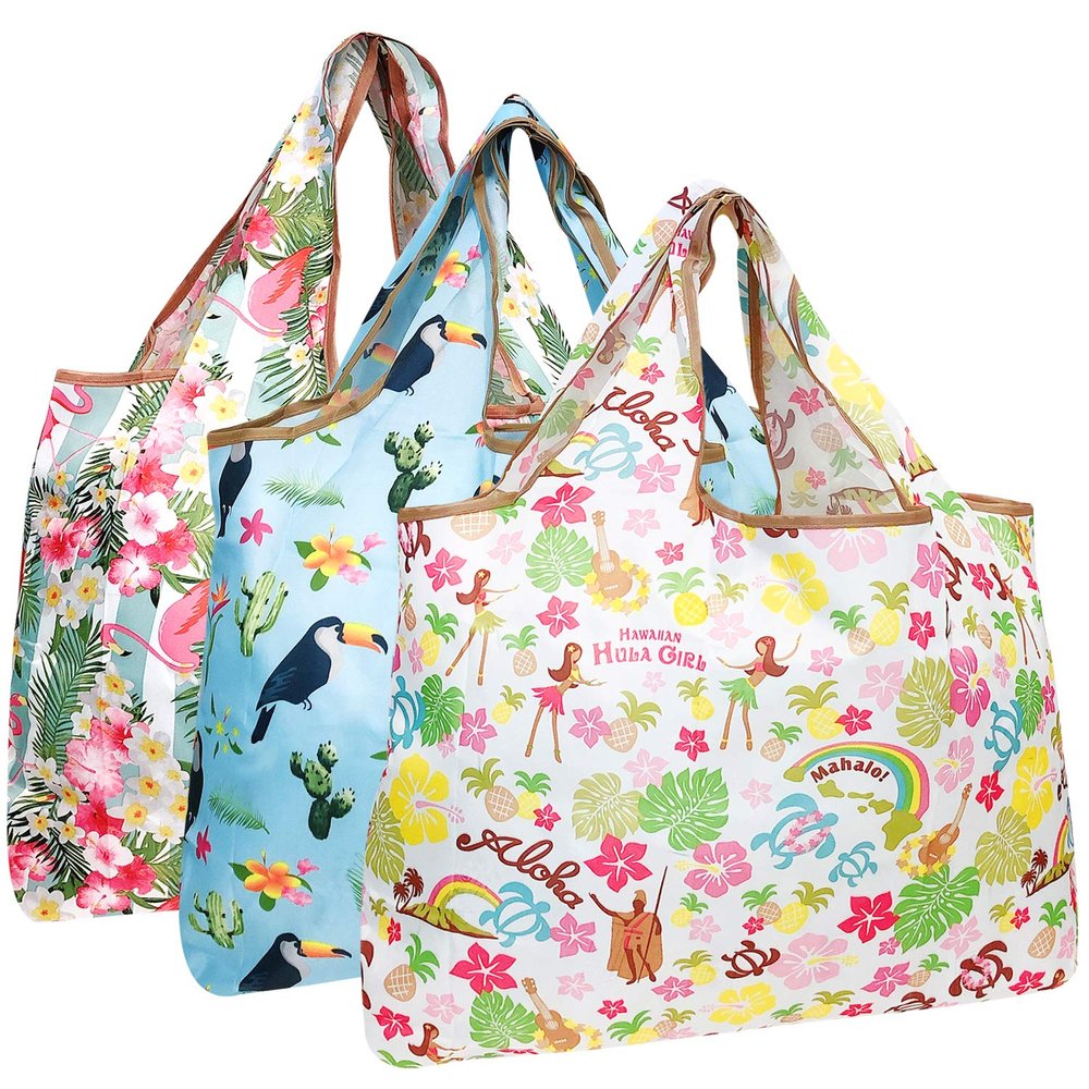 allydrew Large Foldable Tote Nylon Reusable Grocery Bags, 3 Pack, Aloha