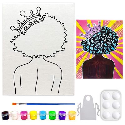 Canvas Painting | Pre Drawn Stretched Cotton Canvas | Birthday Gift | Adult Sip and Paint Party Favor | Afro Queen (8x10) (8X10, Queen 1, Paint Kit) (8x10 Inches)