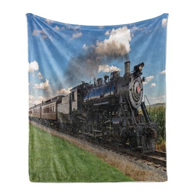 Ambesonne Steam Engine Soft Flannel Fleece Throw Blanket, Vintage Locomotive in Countryside Scenery Green Grass Puff Train Picture, Cozy Plush for Indoor and Outdoor Use, 70" x 90", Blue Green