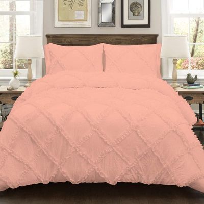3 Piece Cross Diamond Ruffle Duvet Cover with Zipper & Corner Ties 800 Thread Count 100% Egyptian Cotton Premium Hotel Class Decorative Bedding (Full/Queen, Peach)