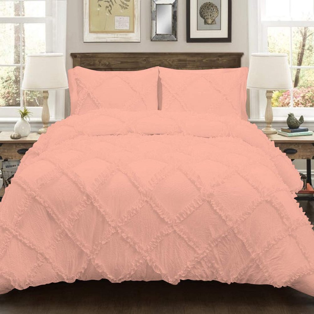 3 Piece Cross Diamond Ruffle Duvet Cover with Zipper & Corner Ties 800 Thread Count 100% Egyptian Cotton Premium Hotel Class Decorative Bedding (Full/Queen, Peach)