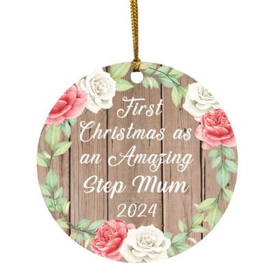 Designsify Christmas Tree Decoration, First Christmas As an Amazing Step Mum 2024, Circle Ornament B, Gifts for Birthday Anniversary Valentines Mom Mothers Fathers Day Party, to Men Women Him