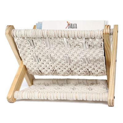 LIVALAYA Small Macrame Magazine Holder Floor- Pre Assembled Boho Room Decor Storage Basket Rack for Books, Mail, Remote, Desk Organizer, Nursery Decor, Home Office, Bedroom Home Decor, US Brand