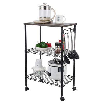 JOCESTYL 3-Tier Wire Rolling Kitchen Cart, Microwave Cart on Wheels with Storage Rack and 4 Hooks Food Service Cart (Black)