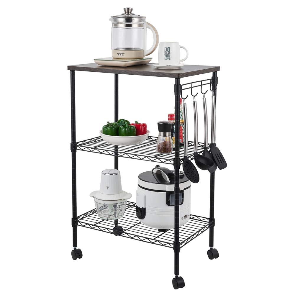JOCESTYL 3-Tier Wire Rolling Kitchen Cart, Microwave Cart on Wheels with Storage Rack and 4 Hooks Food Service Cart (Black)