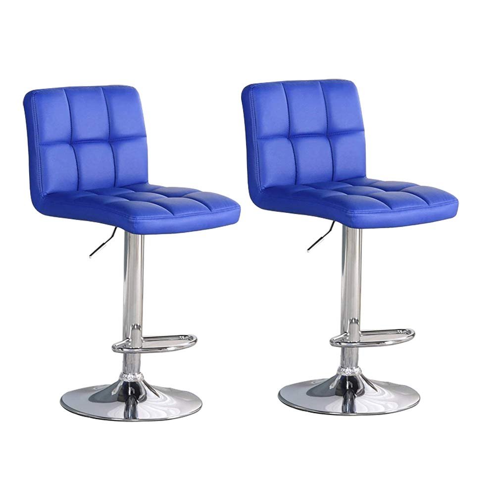 Adjustable Bar Stools, Modern Square PU Leather Adjustable Hydraulic Barstools with Back, Kitchen Counter Height Swivel Stool, Set of 2 (Blue, 1)