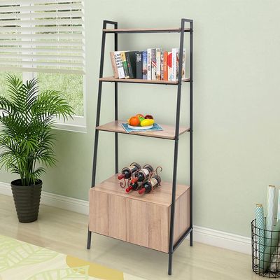 ABBLE 4-Tier Ladder Shelf Bookcase with Cabinet Ladder Shelf Multifunctional Ladder Plant Flower Stand Rack Bookrack Storage Shelves Drawer for Bathroom, Living Room, Kitchen, Bedroom, Balcony