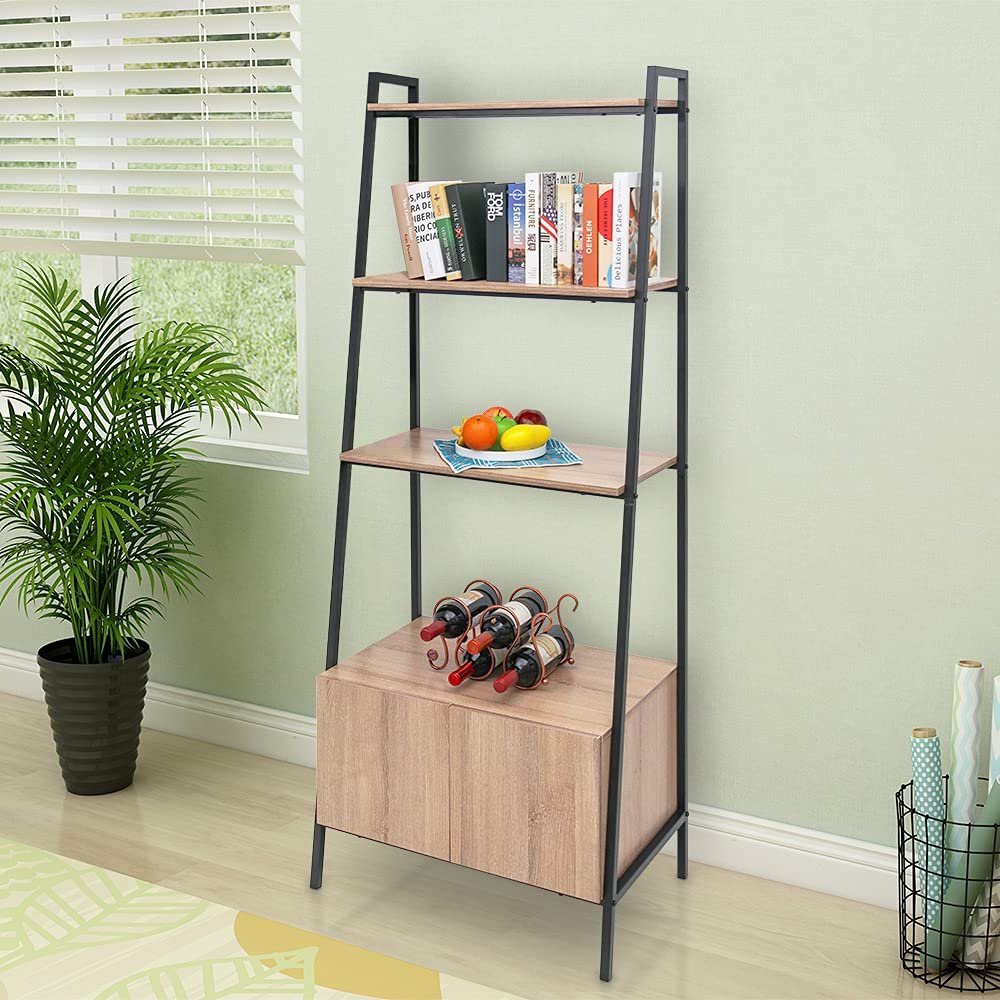 ABBLE 4-Tier Ladder Shelf Bookcase with Cabinet Ladder Shelf Multifunctional Ladder Plant Flower Stand Rack Bookrack Storage Shelves Drawer for Bathroom, Living Room, Kitchen, Bedroom, Balcony