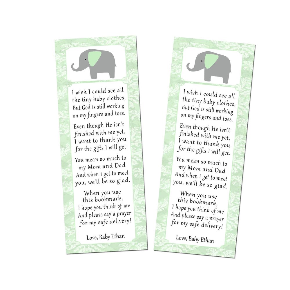 30 bookmarks elephant green gender neutral baby shower favors personalized