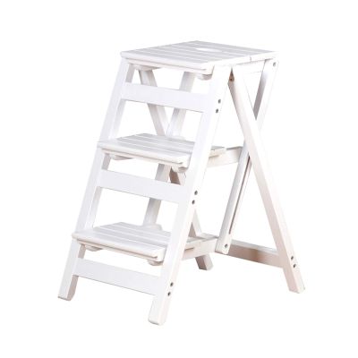3 Steps Stool Wood Step Ladder Chair, Multipurpose Adults and Children's Stepladder Climb Stool for Bedroom/Bathroom/Toilet/Kitchen (Color : White)