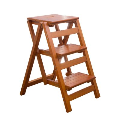 Folding 3 Tread Ladders Natural Pine Wood 3-Steps Stools for Kitchen, Household Portable Climb Stepladder Multi-Purpose Flower Rack Adults & Kids Shoe Bench (Color : Walnut Color)