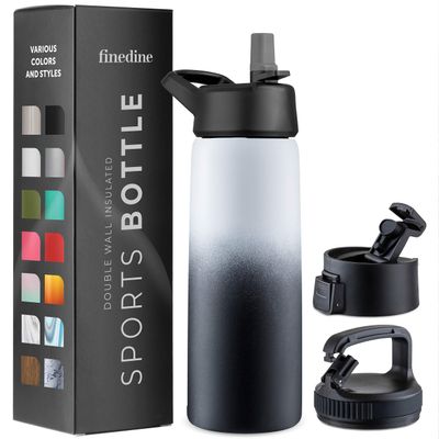 FineDine Water Bottle - Stainless Steel Insulated Water Bottle with Straw Lid, Flip Lid & Wide-Mouth Cap - Keeps Hot and Cold - 25 Oz / 739ml - Dreamy Black-White