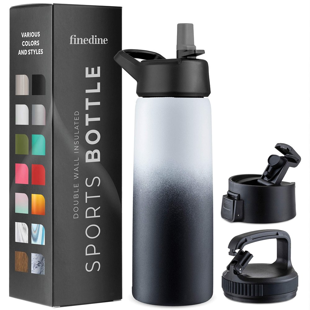 FineDine Water Bottle - Stainless Steel Insulated Water Bottle with Straw Lid, Flip Lid & Wide-Mouth Cap - Keeps Hot and Cold - 25 Oz / 739ml - Dreamy Black-White