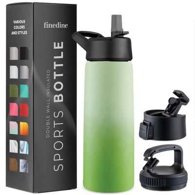 FineDine Water Bottle - Stainless Steel Insulated Water Bottle with Straw Lid, Flip Lid & Wide-Mouth Cap - Keeps Hot and Cold - 25 Oz / 739ml - Dreamy Green