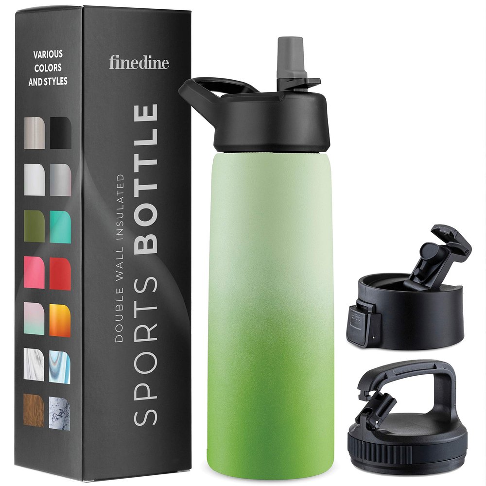 FineDine Water Bottle - Stainless Steel Insulated Water Bottle with Straw Lid, Flip Lid & Wide-Mouth Cap - Keeps Hot and Cold - 25 Oz / 739ml - Dreamy Green