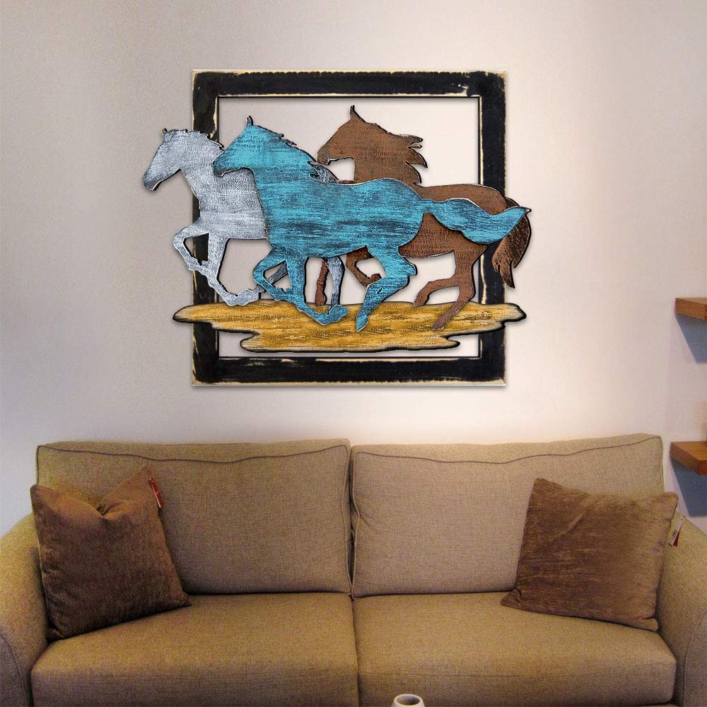 Designocracy G98159S3-24 Wild Stallions in Frame Rustic Wooden Art