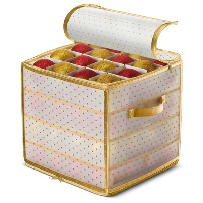 ZOBER Christmas Ornament Storage Box Plastic - Stores 64 3" Ornaments with Individual Trays - Ornament Organizer Storage Box, Durable Christmas Containers Holder - Gold