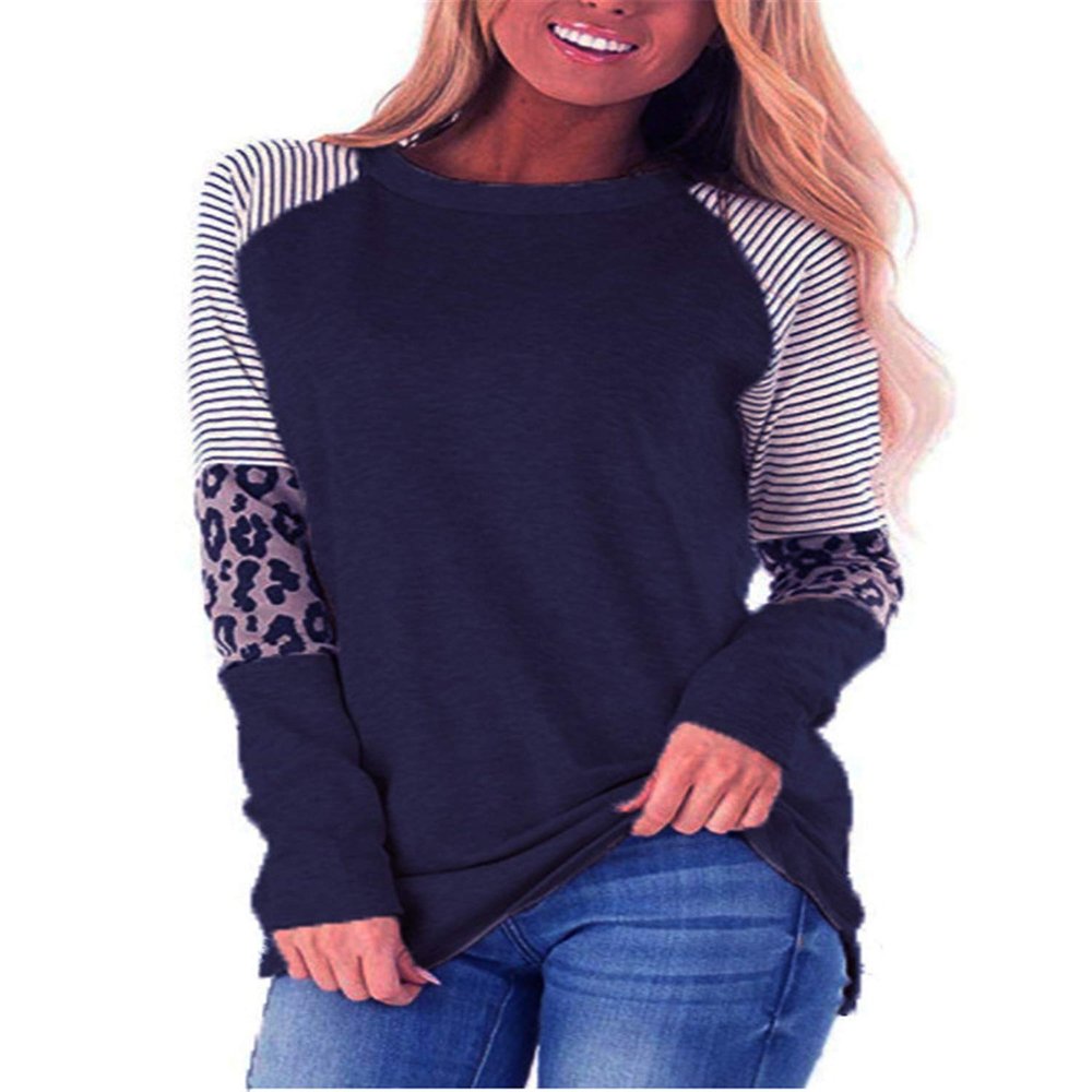 Andongnywell Women's Casual Color Block Tunic Tops Blouse Ladies Leopard Print Round Neck Long Sleeve T-Shirt (Navy,Medium)